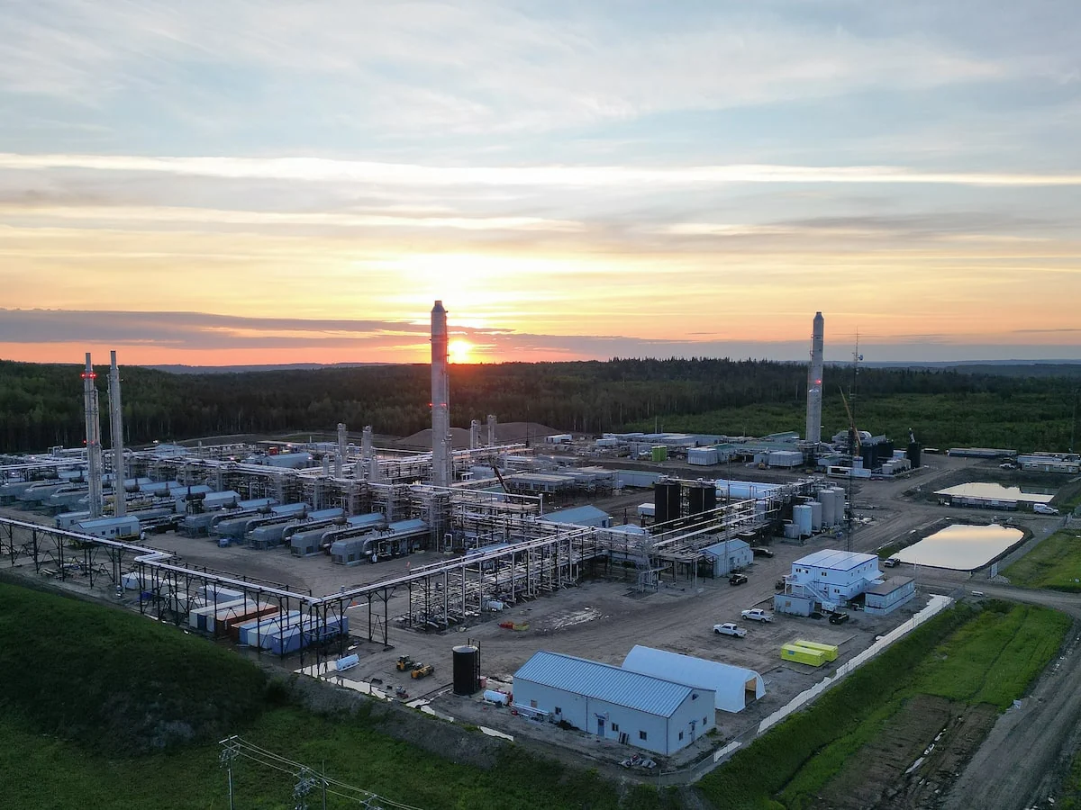 Aerial view of an Alberta natural gas processing facility at dusk
