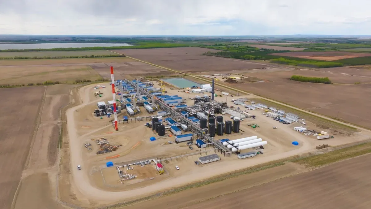 Aerial view of natural gas processing and midstream infrastructure in Alberta
